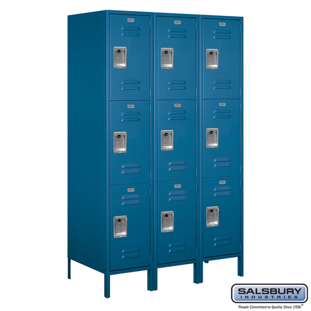 Salsbury Industries 3 Tier Metal Locker, 54"Wx78"Hx21"D, 9 Door, Blue, Unassembled 18-53361BL-U